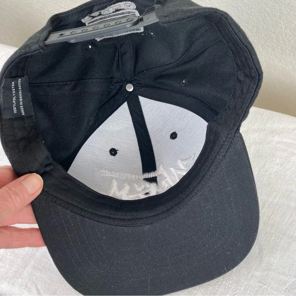 WYSM or Why’d you Stop Me adult size snap back cap black w/ white stitching